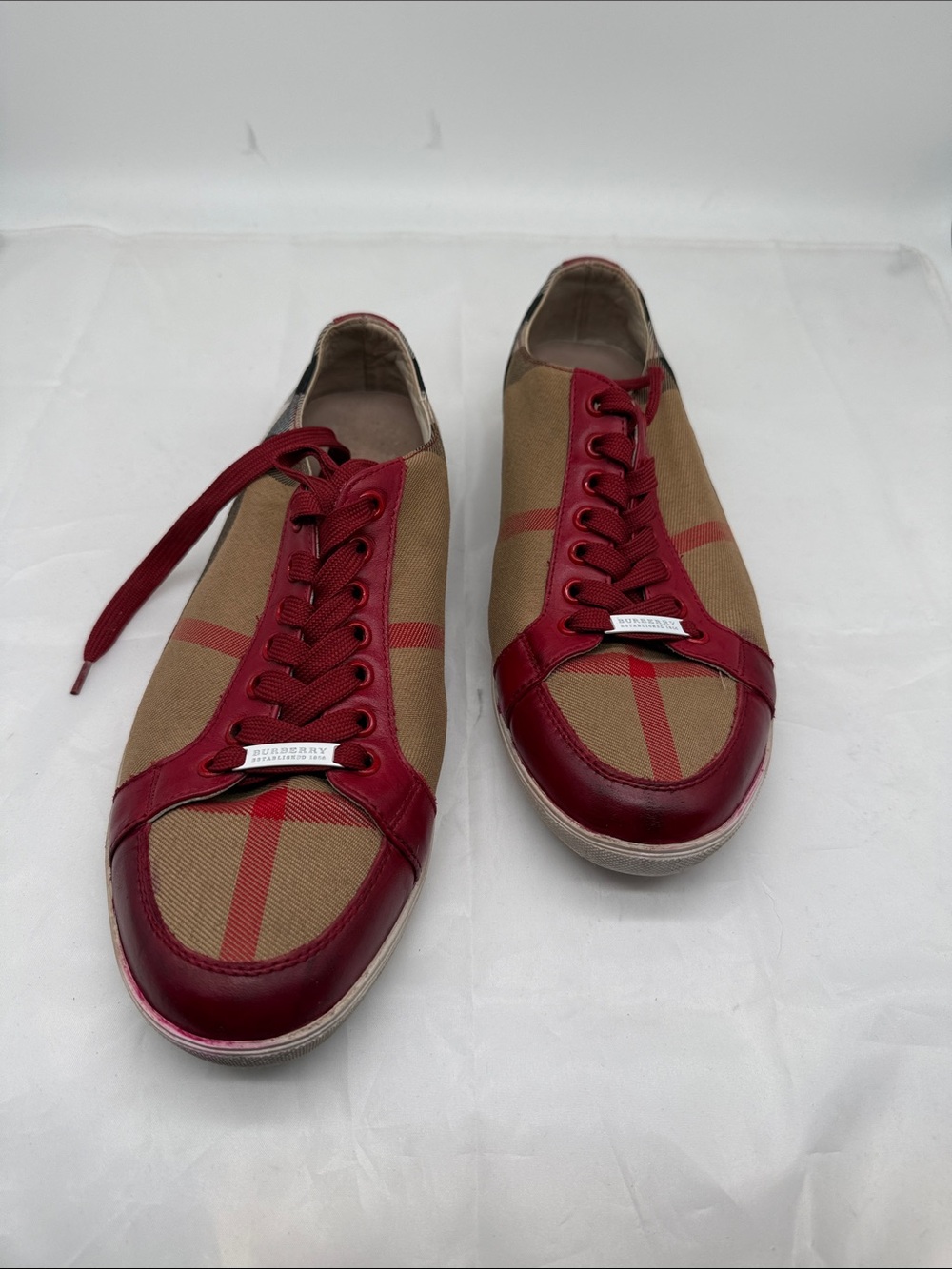 Burberry Men’s Tan Check Sneakers with Red Leather Trim